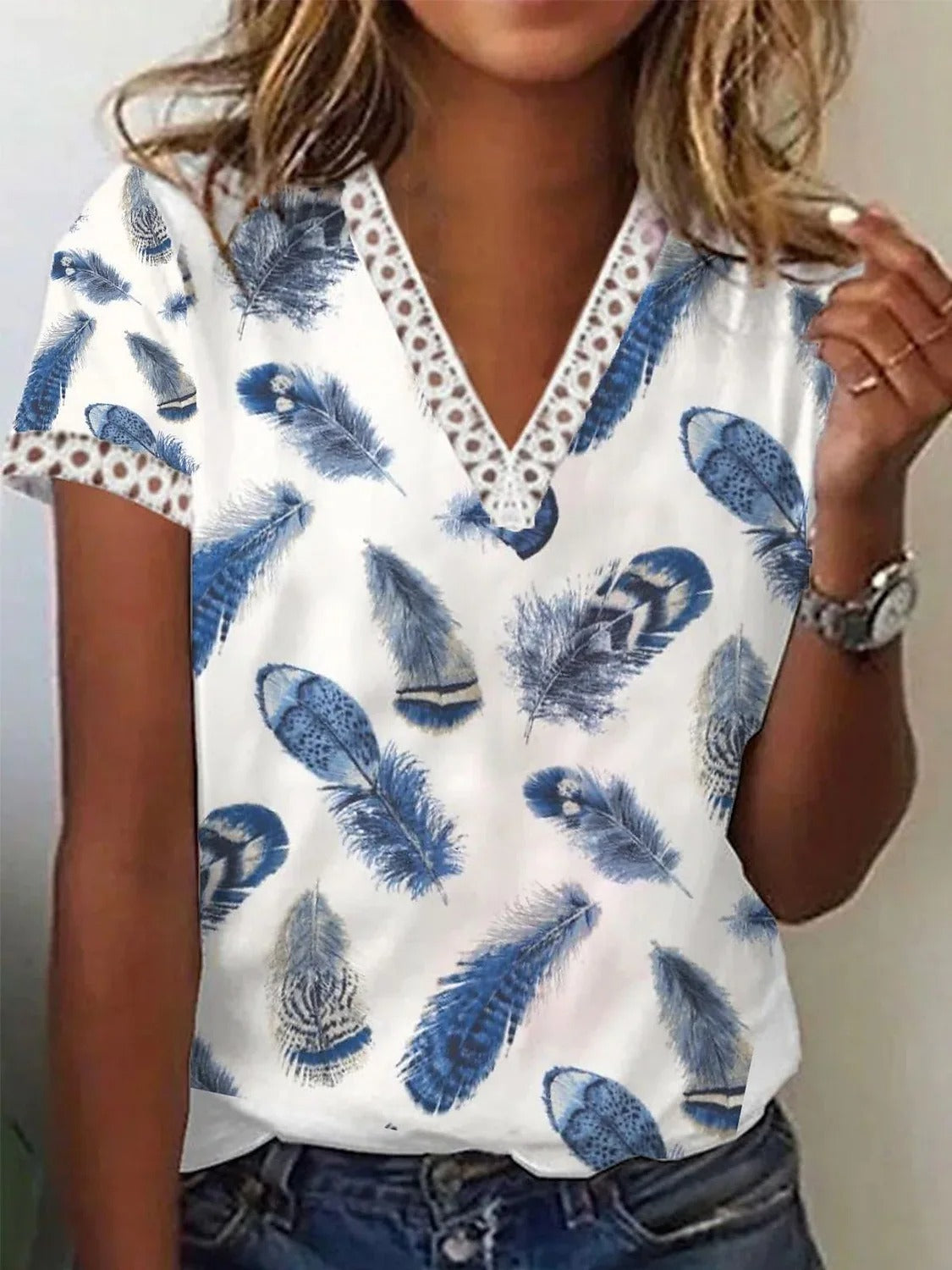 T-shirt décontracté à manches courtes, en dentelle
