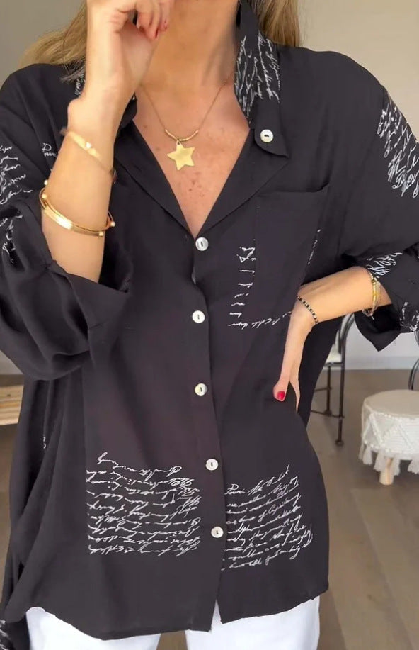 Chemise à manches longues à imprimé lettre, style décontracté