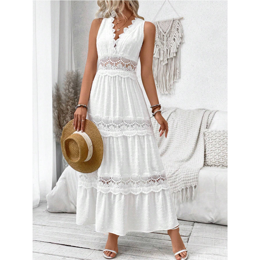 Robe sans manches à col en V et coutures en dentelle