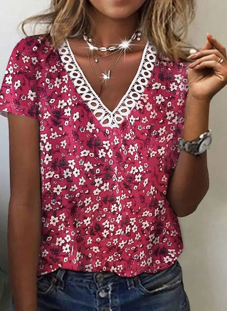 T-shirt décontracté à manches courtes, en dentelle