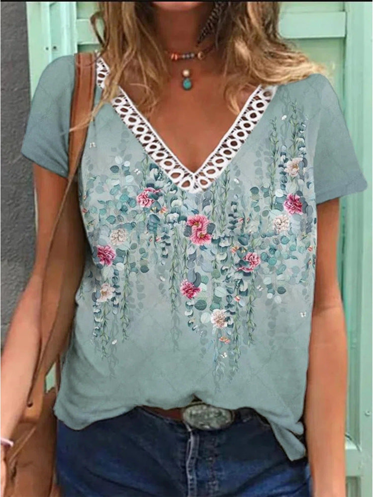 T-shirt décontracté à manches courtes, en dentelle