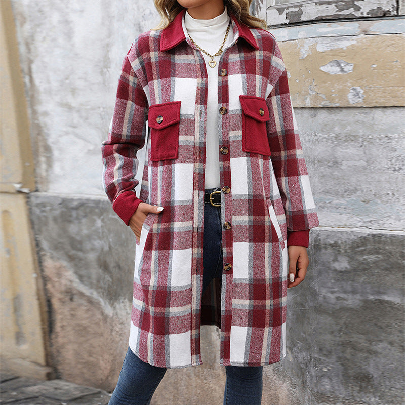 Manteau Long Femme – Style Carreaux Brossés avec Grandes Poches