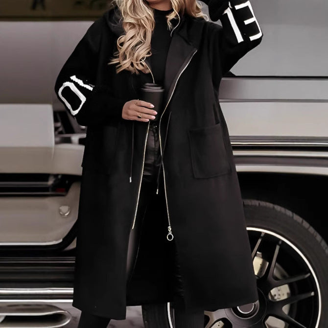 Parka Longue Femme – Capuche, Cordon à la Taille & Manches Tricotées