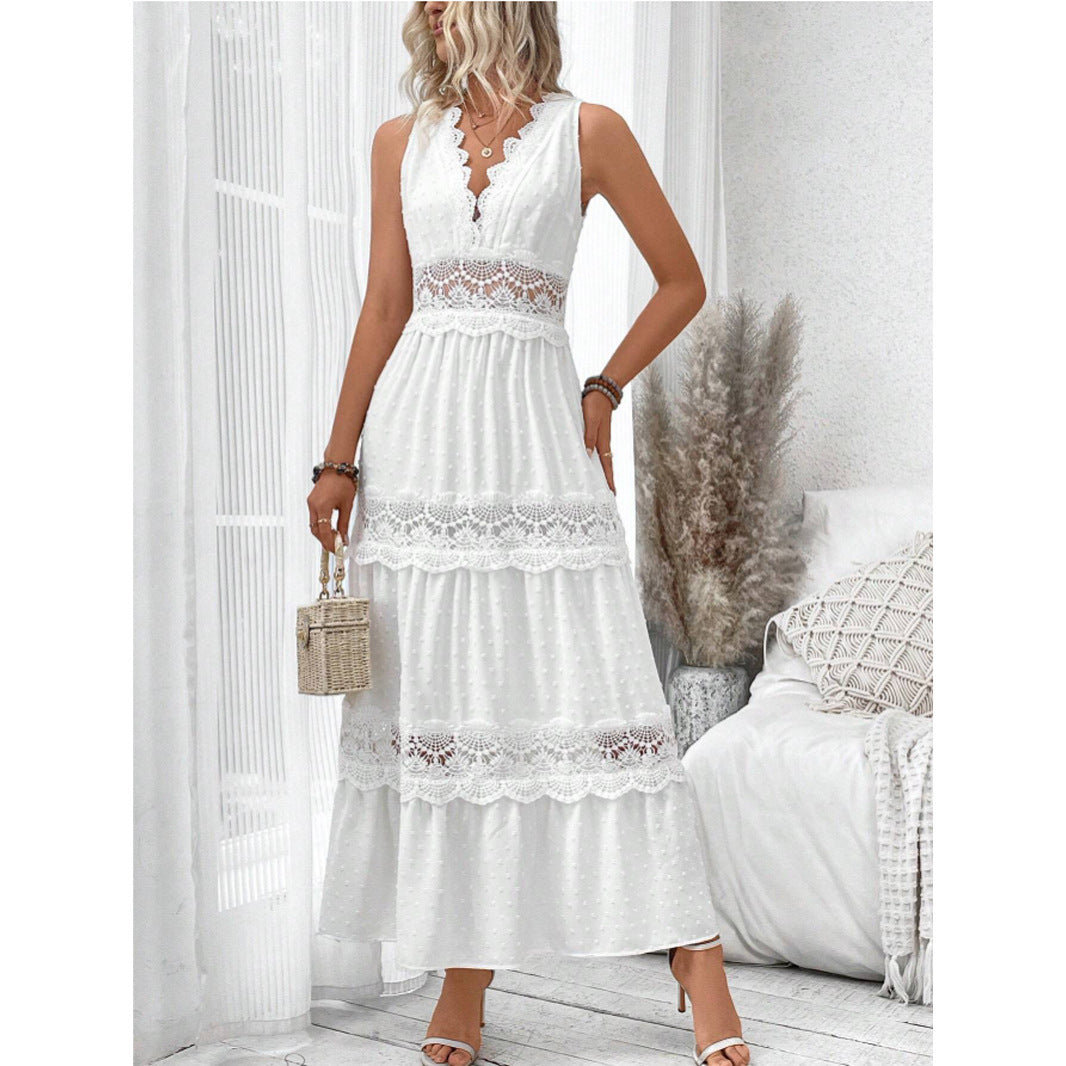 Robe sans manches à col en V et coutures en dentelle