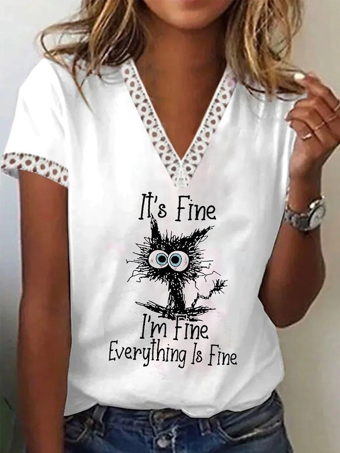 T-shirt décontracté à manches courtes, en dentelle