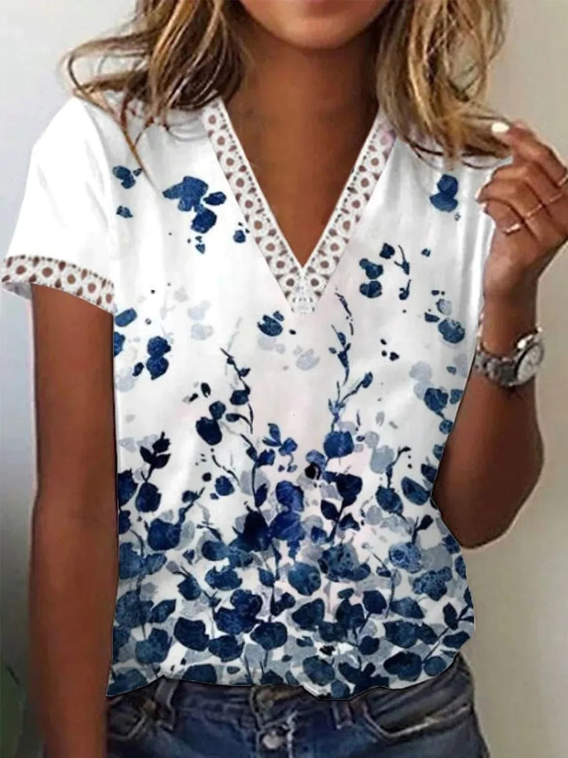 T-shirt décontracté à manches courtes, en dentelle