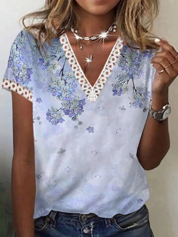 T-shirt décontracté à manches courtes, en dentelle