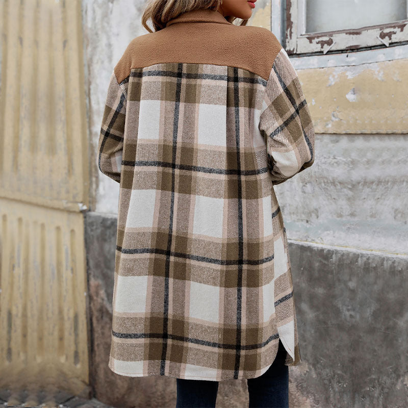 Manteau Long Femme – Style Carreaux Brossés avec Grandes Poches