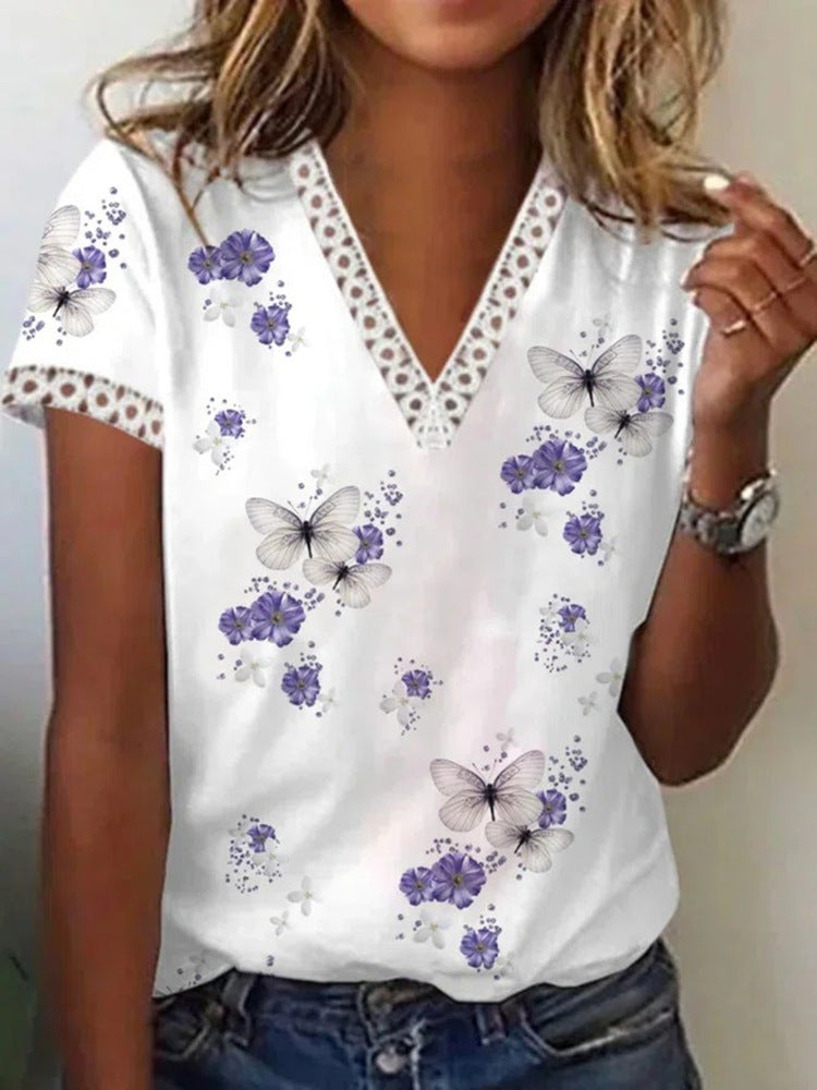 T-shirt décontracté à manches courtes, en dentelle