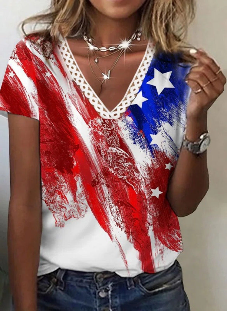 T-shirt décontracté à manches courtes, en dentelle