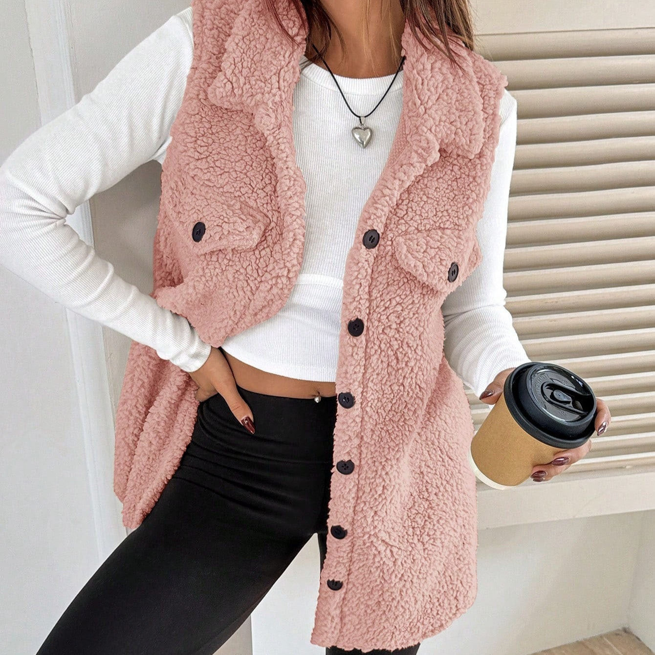 Gilet Cardigan Ouvert en Peluche à Revers