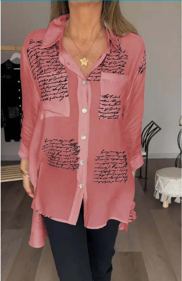 Chemise à manches longues à imprimé lettre, style décontracté