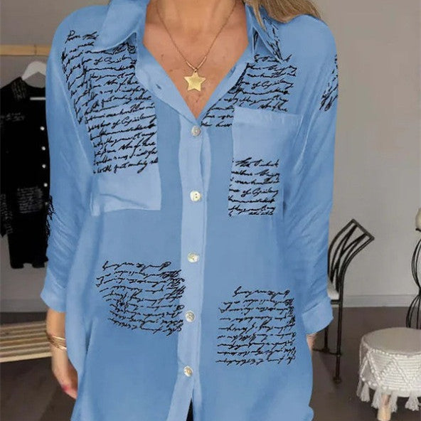 Chemise à manches longues à imprimé lettre, style décontracté