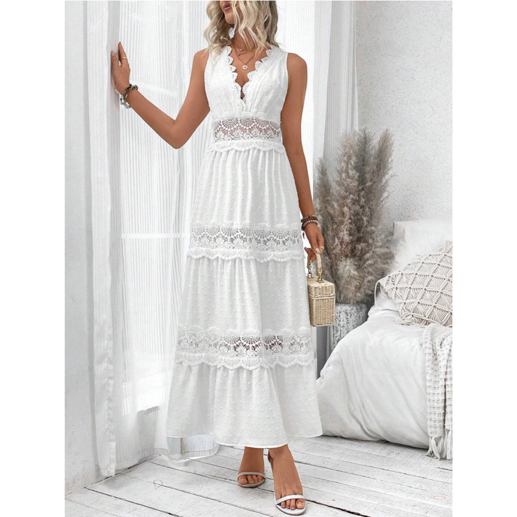 Robe sans manches à col en V et coutures en dentelle