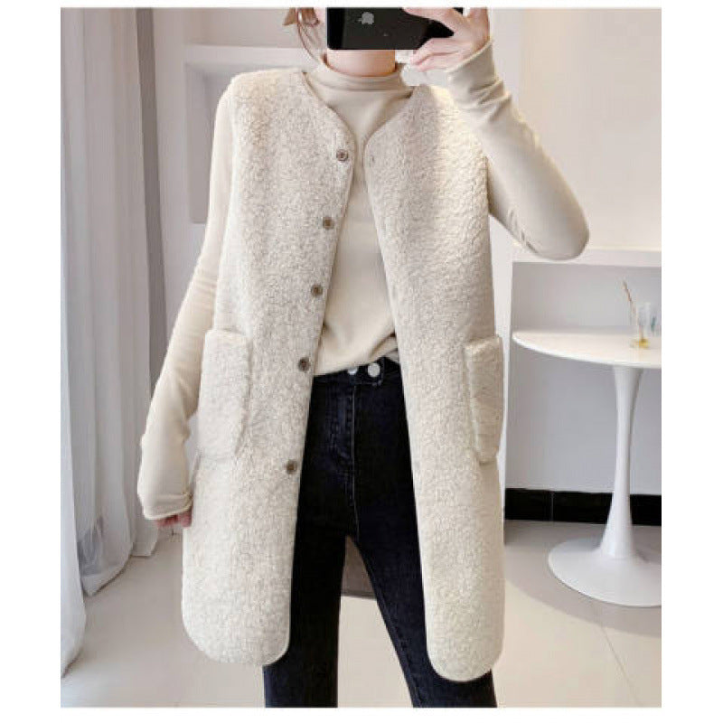 Gilet en laine d'agneau mi-long en fourrure tendance assorti