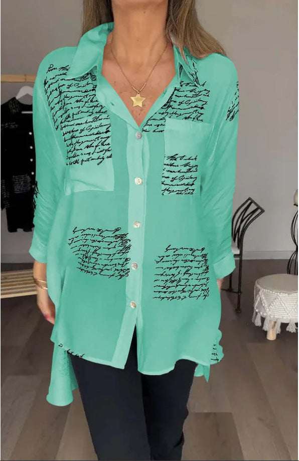 Chemise à manches longues à imprimé lettre, style décontracté