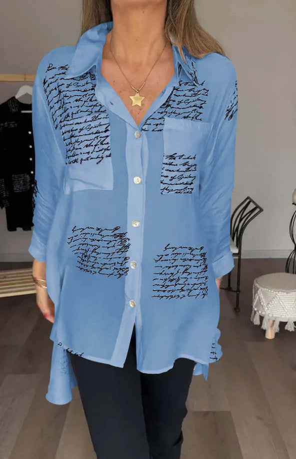 Chemise à manches longues à imprimé lettre, style décontracté