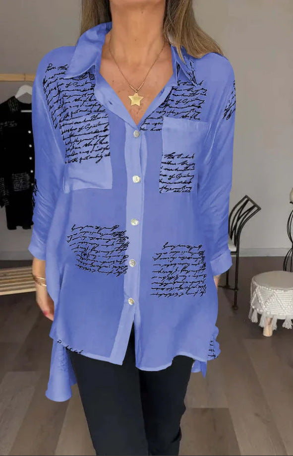 Chemise à manches longues à imprimé lettre, style décontracté
