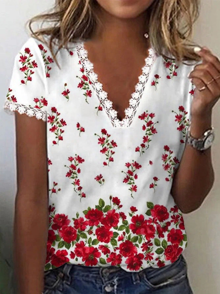 T-shirt décontracté à manches courtes, en dentelle