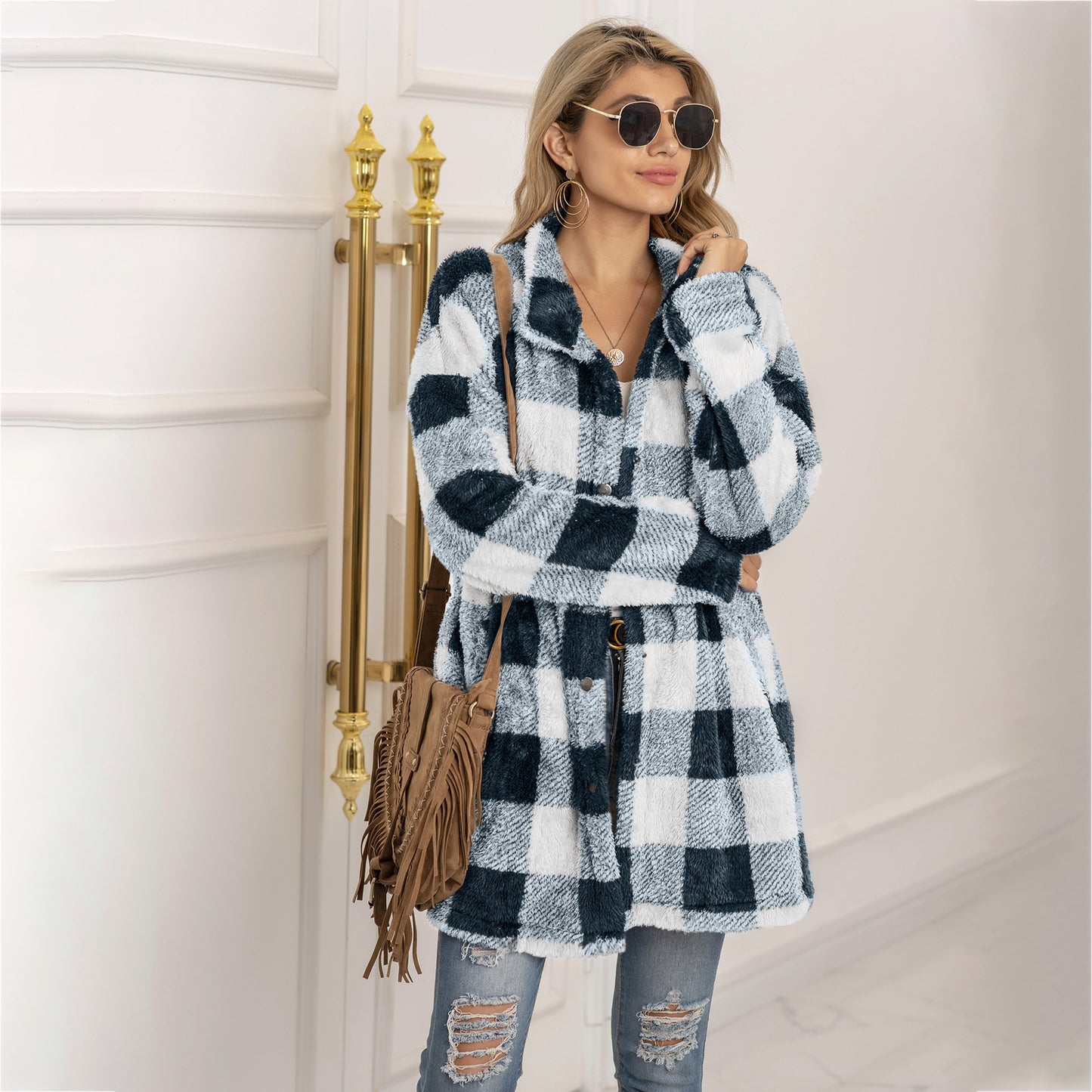 Veste Longue Femme à Carreaux Colorblock & Boutonnage Unique