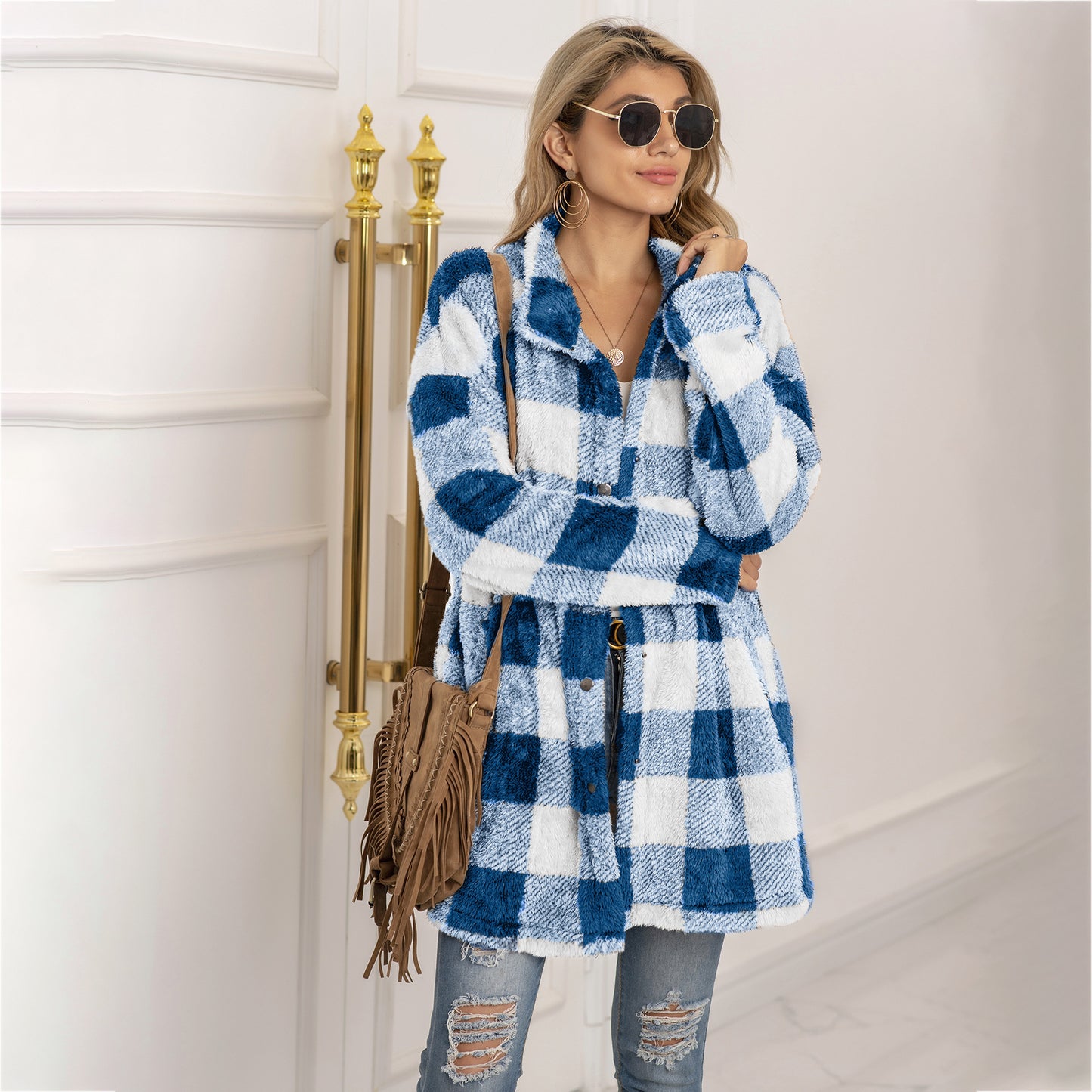 Veste Longue Femme à Carreaux Colorblock & Boutonnage Unique