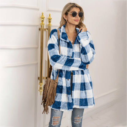 Veste Longue Femme à Carreaux Colorblock & Boutonnage Unique