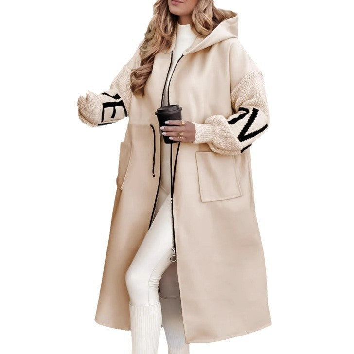 Parka Longue Femme – Capuche, Cordon à la Taille & Manches Tricotées