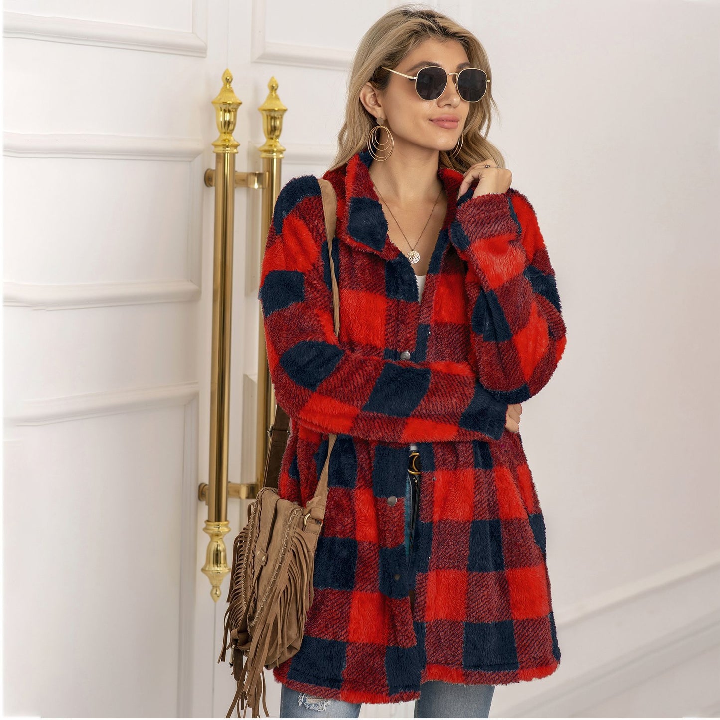 Veste Longue Femme à Carreaux Colorblock & Boutonnage Unique