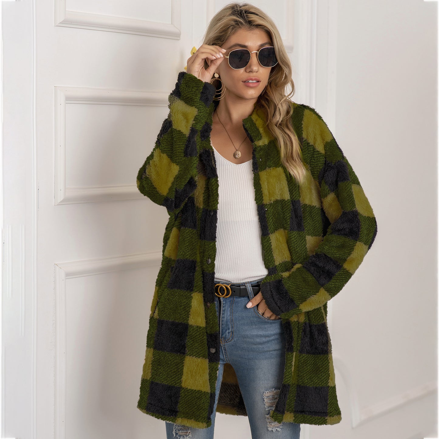 Veste Longue Femme à Carreaux Colorblock & Boutonnage Unique