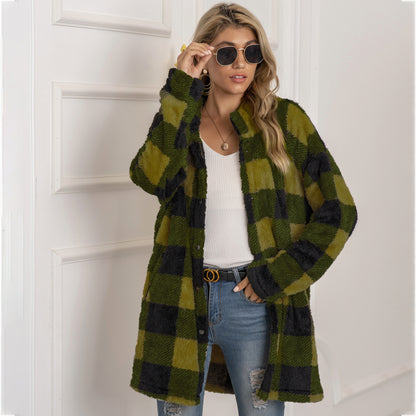 Veste Longue Femme à Carreaux Colorblock & Boutonnage Unique