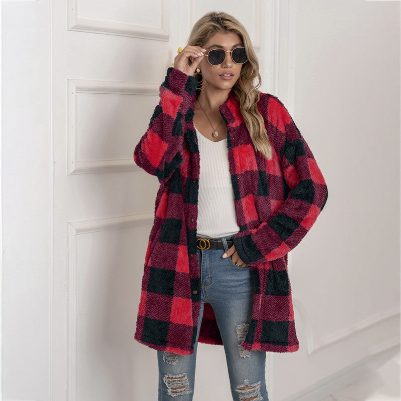 Veste Longue Femme à Carreaux Colorblock & Boutonnage Unique