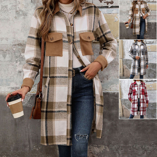 Manteau Long Femme – Style Carreaux Brossés avec Grandes Poches