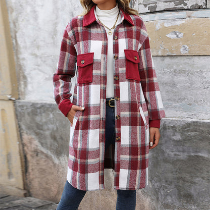 Manteau Long Femme – Style Carreaux Brossés avec Grandes Poches