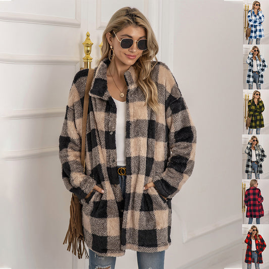 Veste Longue Femme à Carreaux Colorblock & Boutonnage Unique