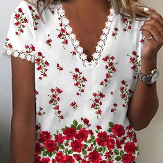 T-shirt décontracté à manches courtes, en dentelle