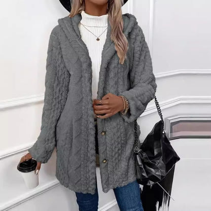 Cardigan à capuche boutonné de couleur unie