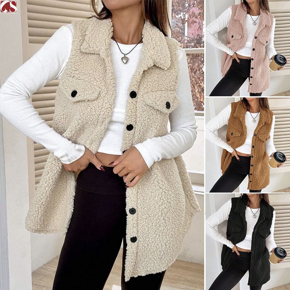 Gilet Cardigan Ouvert en Peluche à Revers