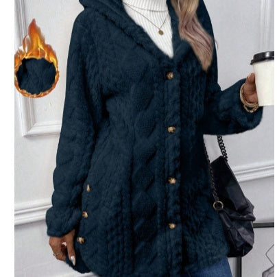 Cardigan à capuche boutonné de couleur unie