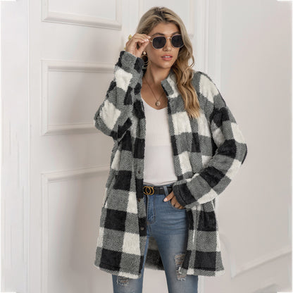 Veste Longue Femme à Carreaux Colorblock & Boutonnage Unique