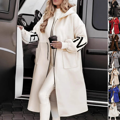 Parka Longue Femme – Capuche, Cordon à la Taille & Manches Tricotées