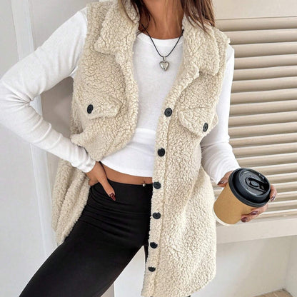 Gilet Cardigan Ouvert en Peluche à Revers