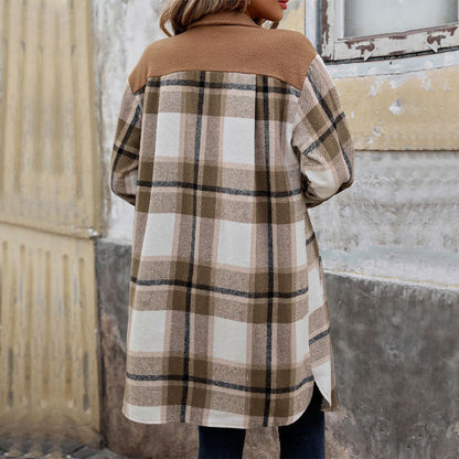 Manteau Long Femme – Style Carreaux Brossés avec Grandes Poches