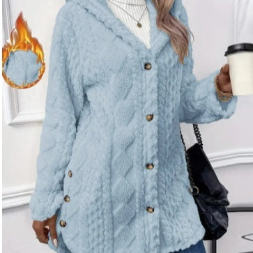 Cardigan à capuche boutonné de couleur unie