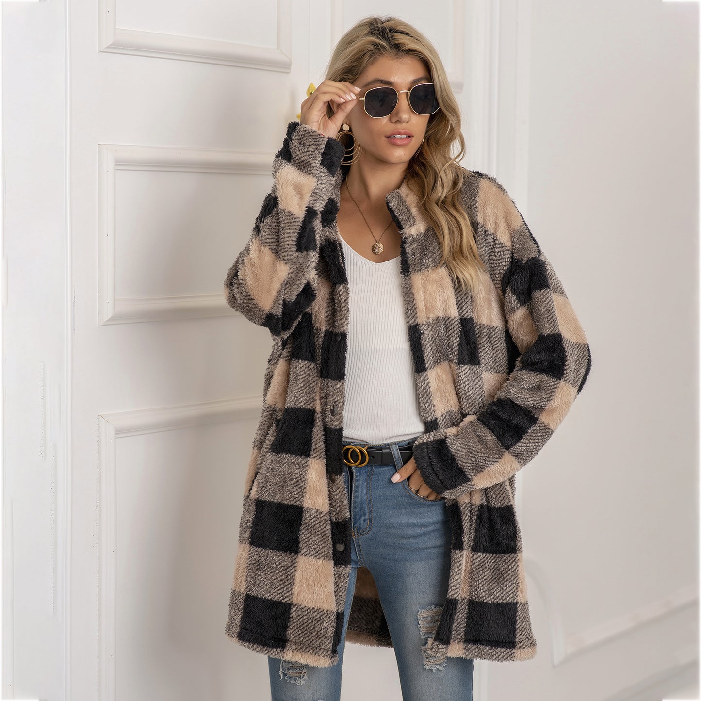 Veste Longue Femme à Carreaux Colorblock & Boutonnage Unique