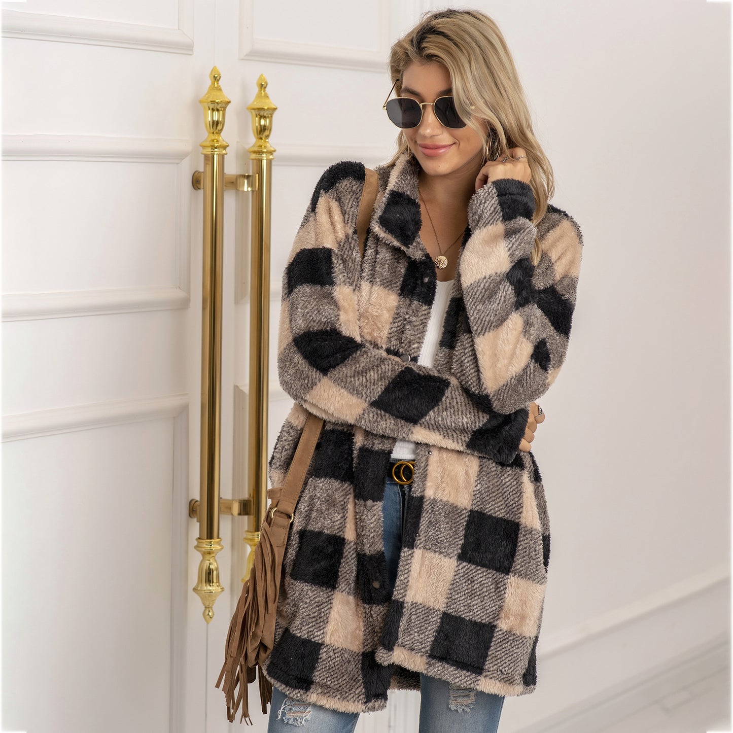 Veste Longue Femme à Carreaux Colorblock & Boutonnage Unique