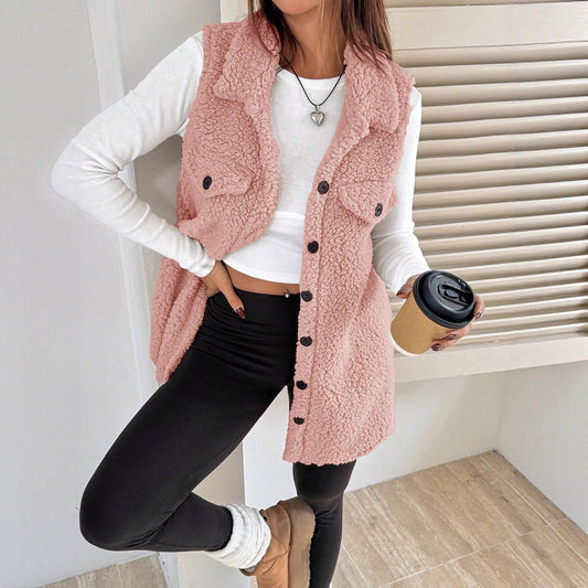 Gilet Cardigan Ouvert en Peluche à Revers