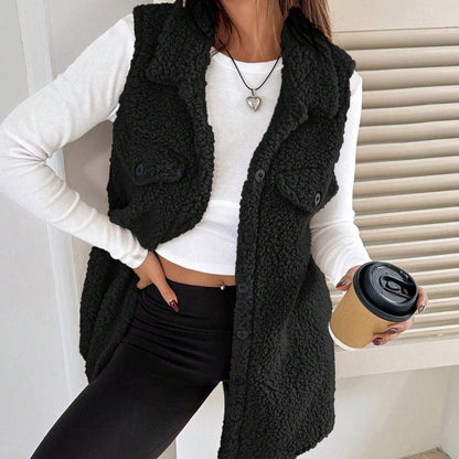 Gilet Cardigan Ouvert en Peluche à Revers