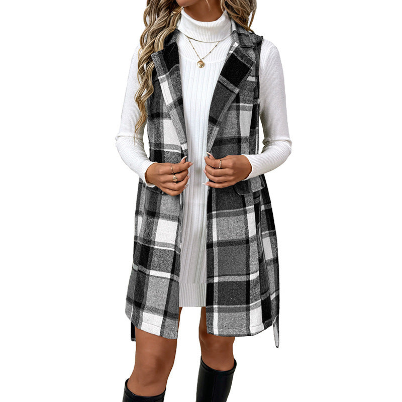Gilet Femme à Carreaux – Style Rétro Élégant avec Col Chemise
