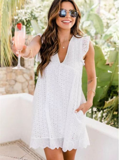 Robe en Dentelle avec Poches - Sans Manches