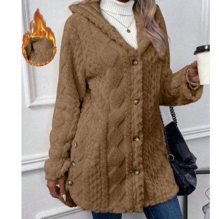 Cardigan à capuche boutonné de couleur unie